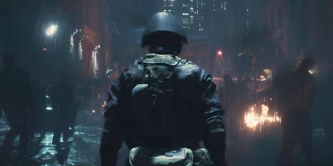 A camera shot of behind Hunk who stands in a road full of zombies