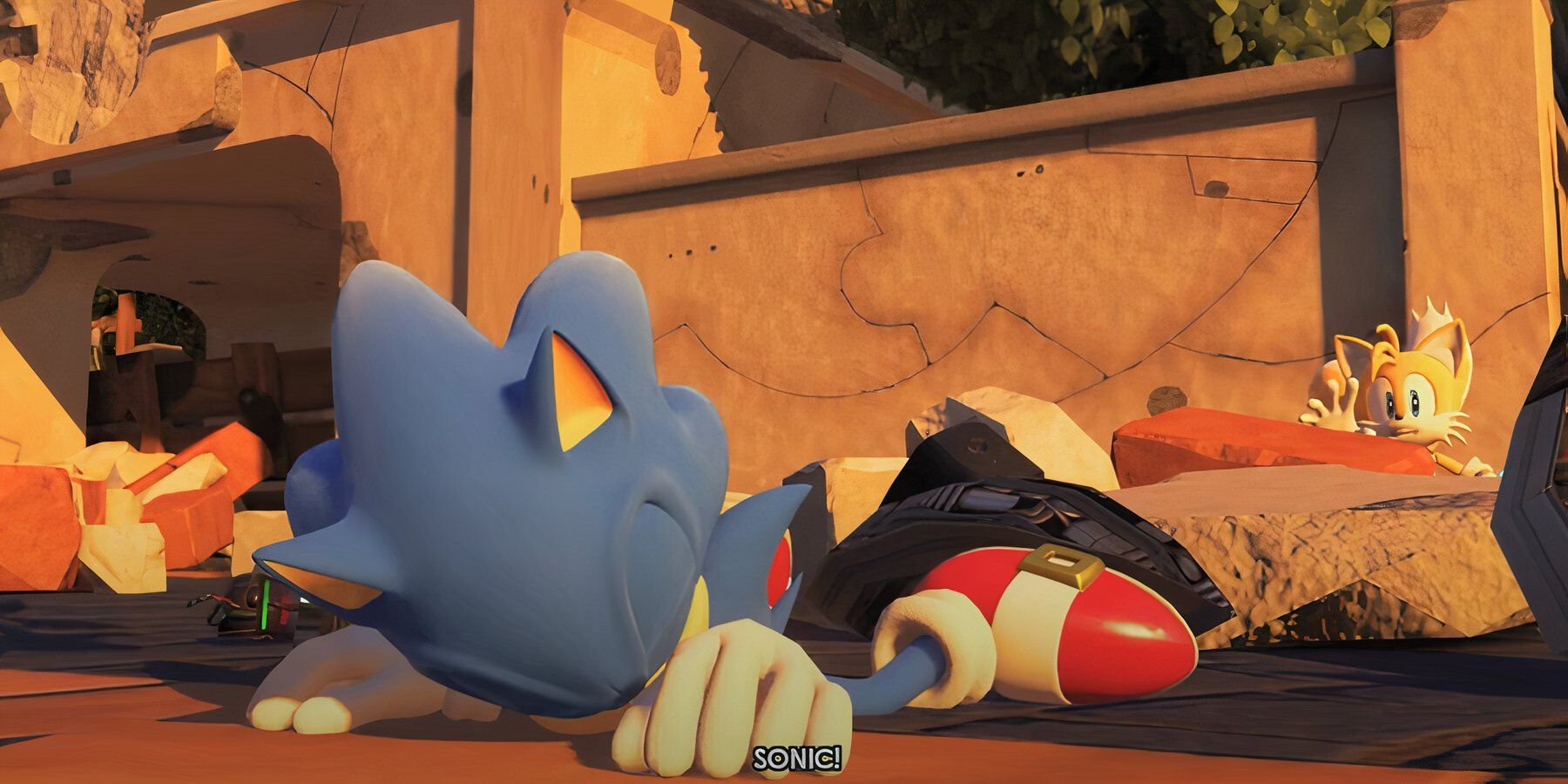 Sonic on the ground defeated as Tails calls his name 