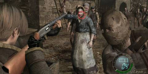 Resident Evil 4 Wii Player aiming a shotgun at villagers in a village