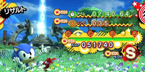 Classic Sonic hitting a pose with an S rank next to him 