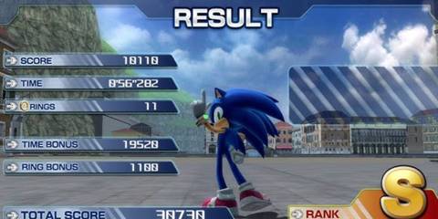 Sonic pointing to the sky after getting an S rank 