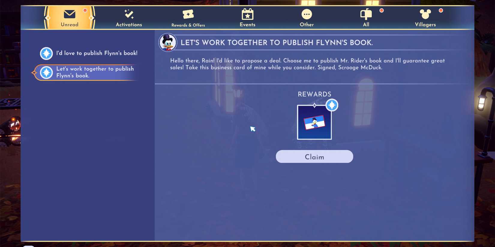 scrooge and goofy buisness cards in disney dreamlight valley