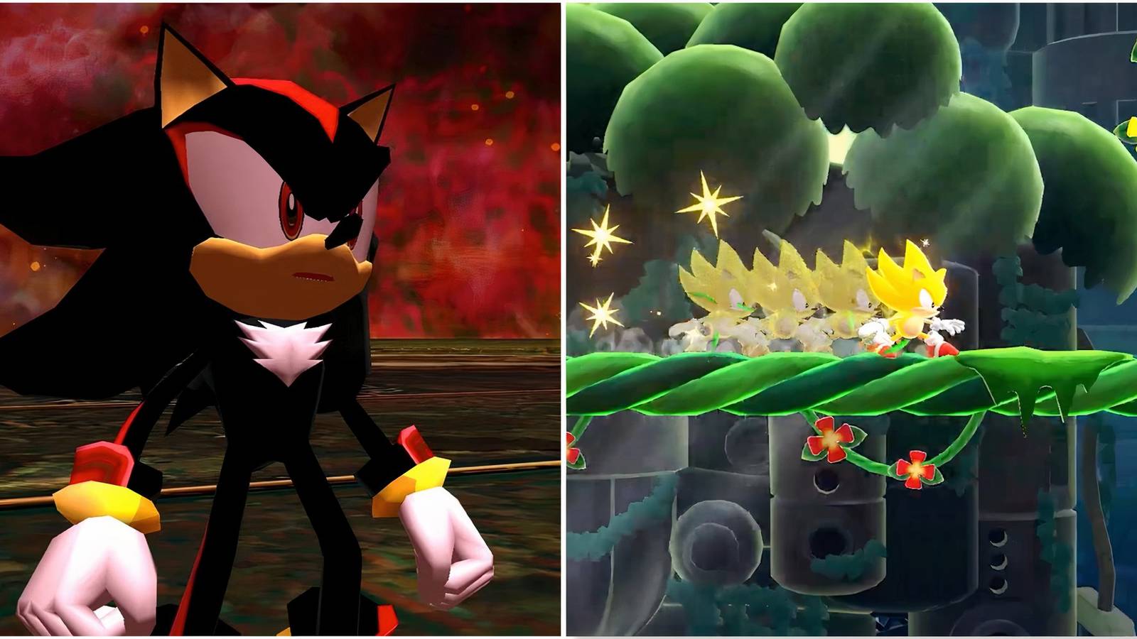 Shadow in Shadow The Hedgehog (2006) and Playing a level as Super Sonic in Sonic Superstars
