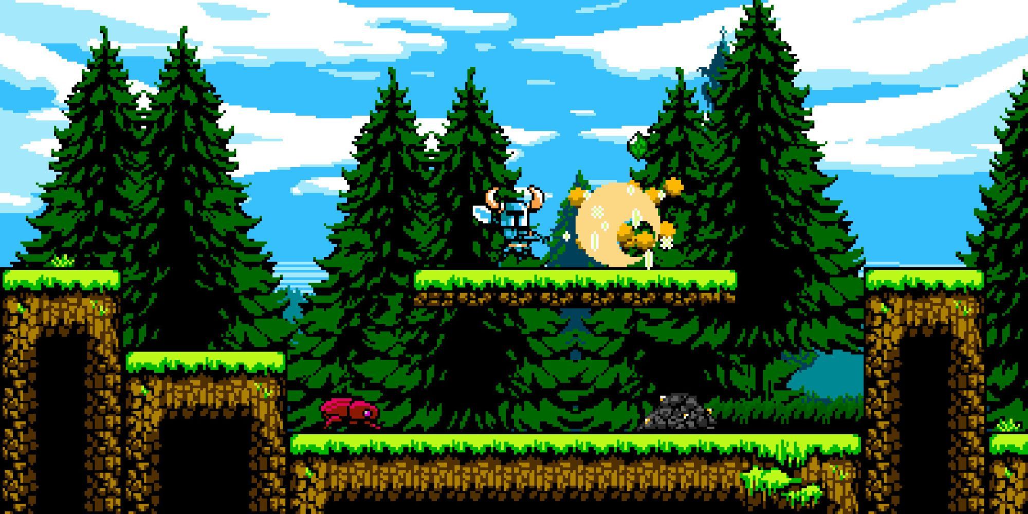 Shovel Knight attacks an enemy with his shovel