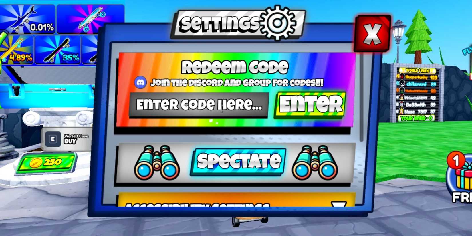 Skateboard Legends: the codes tab