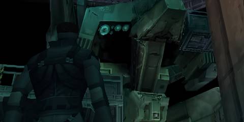 snake in front of metal gear rex