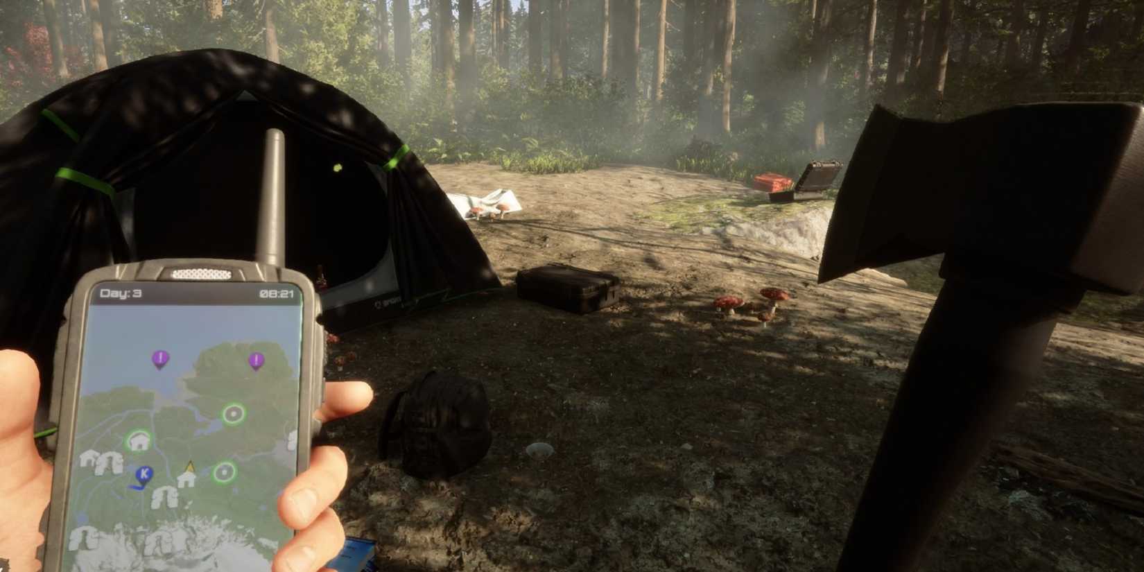 the player holding a GPS device and a Modern Axe