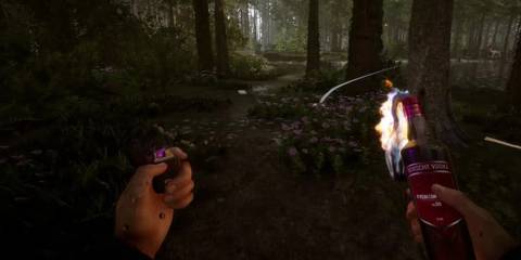 A player aiming a Molotov cocktail in the middle of the forest