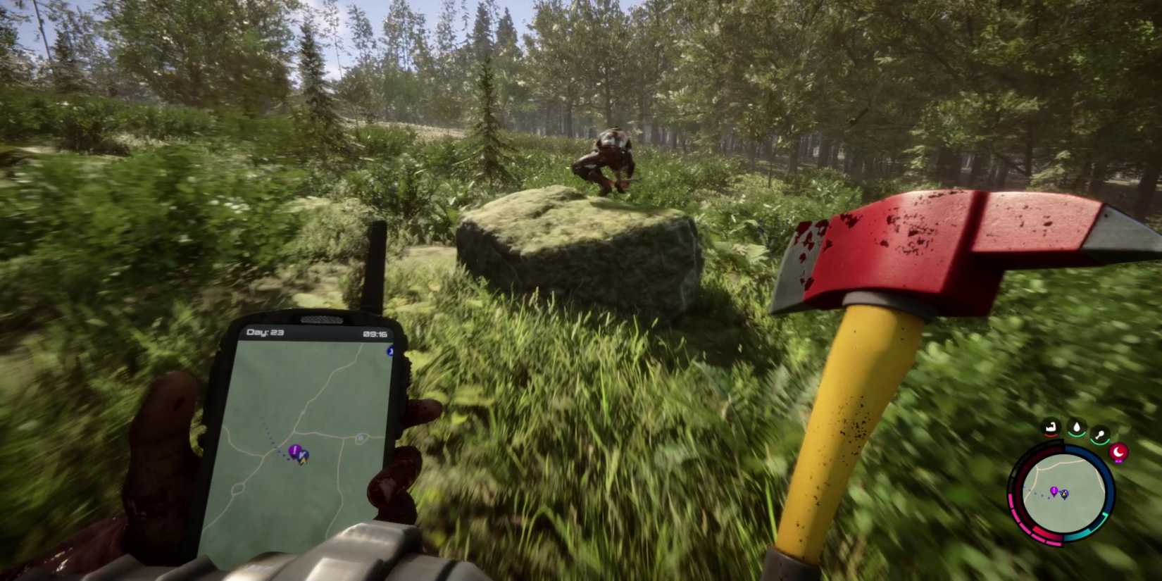 The player wielding a GPS tracker and the Firefighter Axe