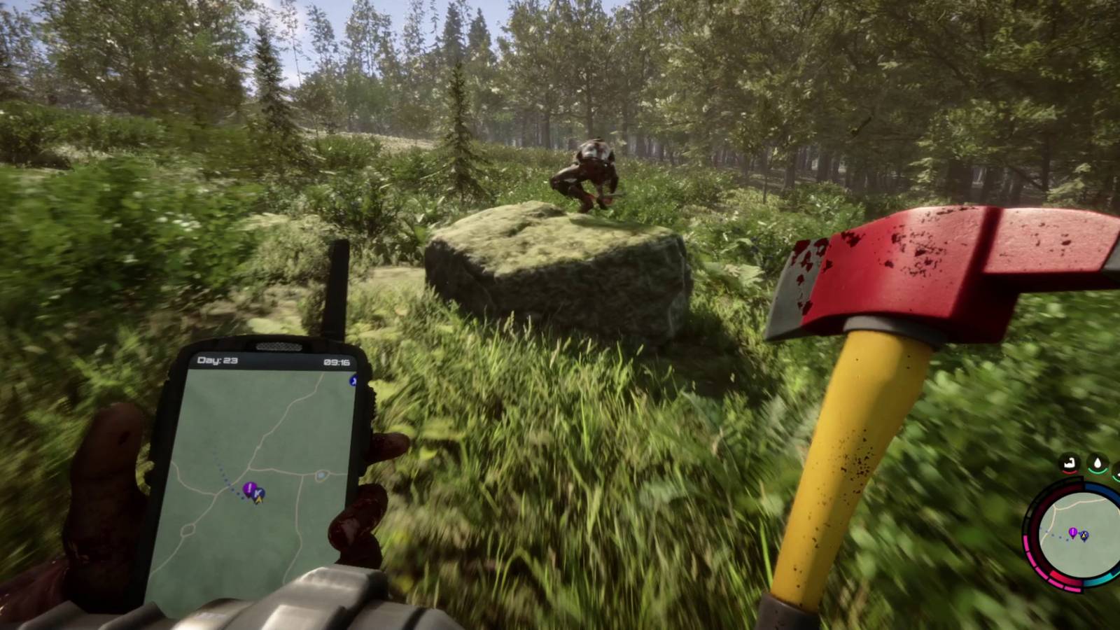 Sons of the Forest player wielding a GPS tracker and the Firefighter Axe