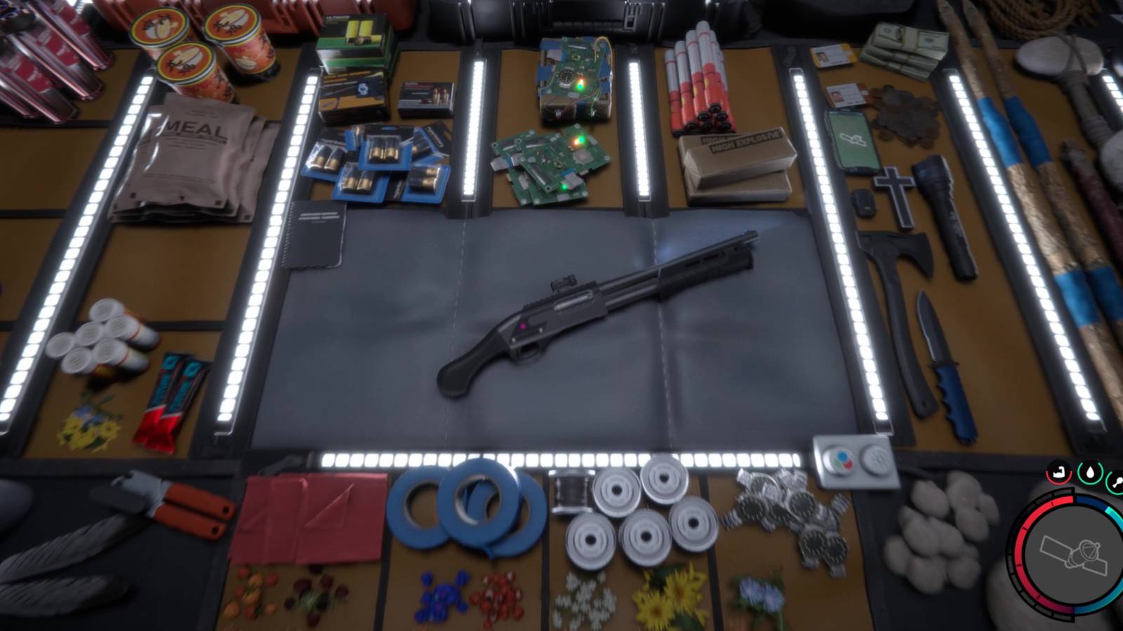 An inventory of different weapons, resources and food items