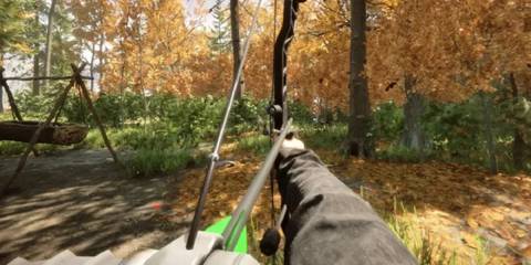 The player using a Compound Bow in the forest