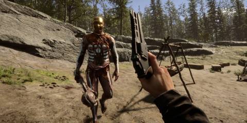 Sons of the Forest - The player holding a gun up in front of an approaching Cannibal on the beach 