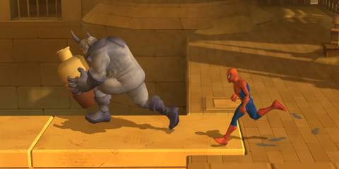 Spider-Man and Rhino working together in Spider-Man: Friend Or Foe
