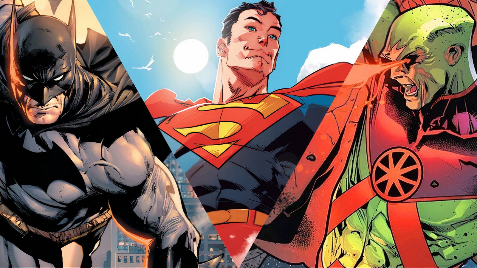 Split image of Batman, Superman, and Martian Manhunter in DC Comics