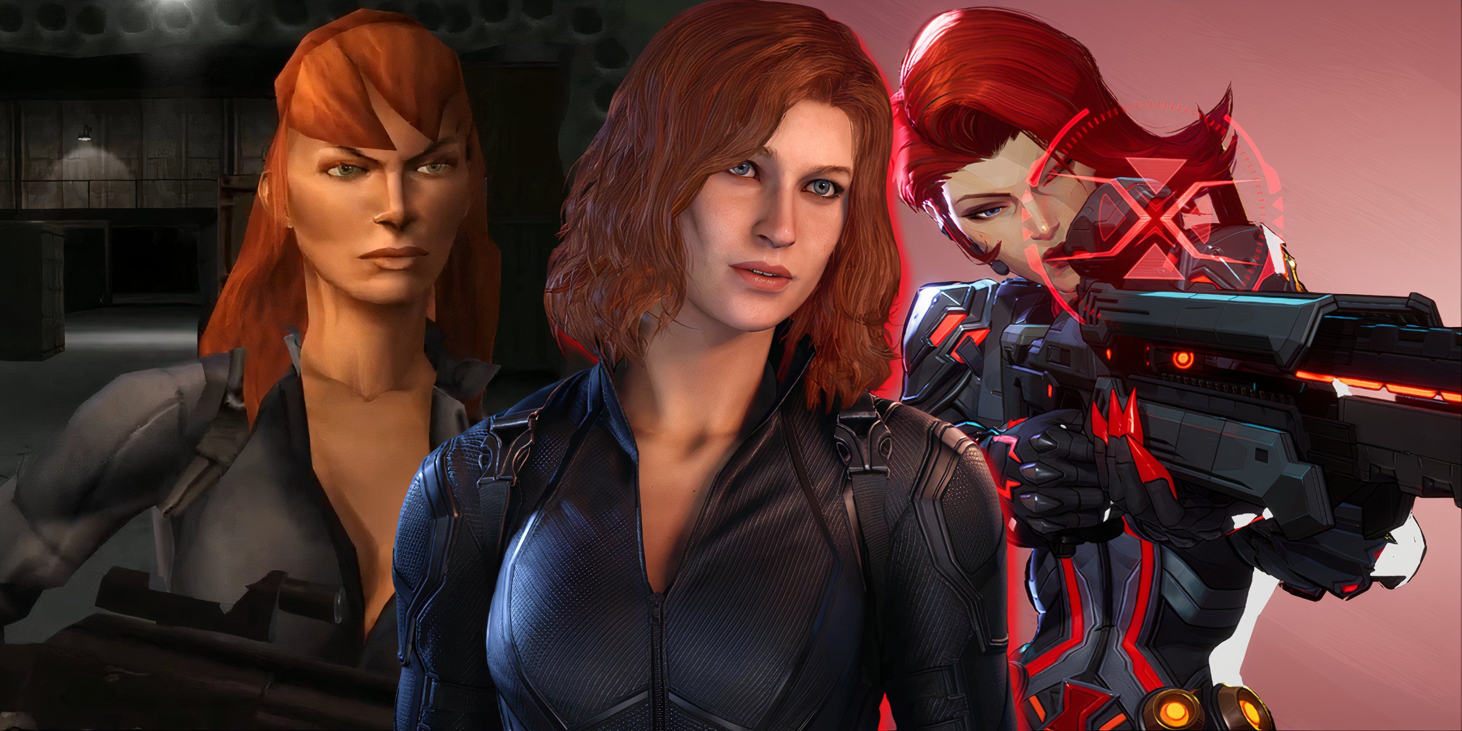 Split image of Black Widow in The Punisher, Marvel's Avengers, and Marvel Rivals