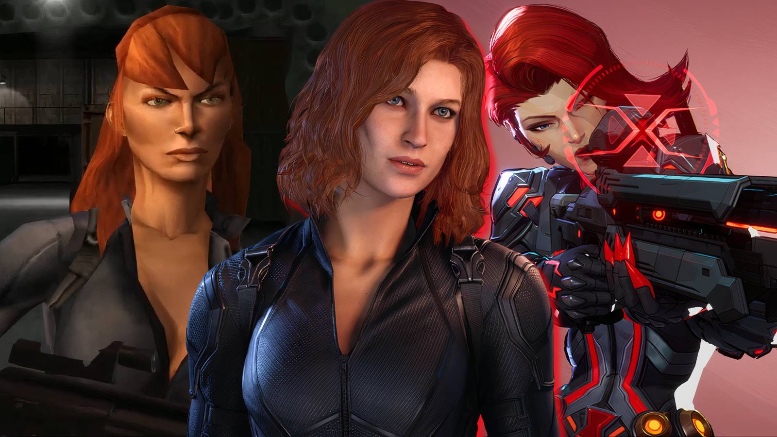 Split image of Black Widow in The Punisher, Marvel's Avengers, and Marvel Rivals