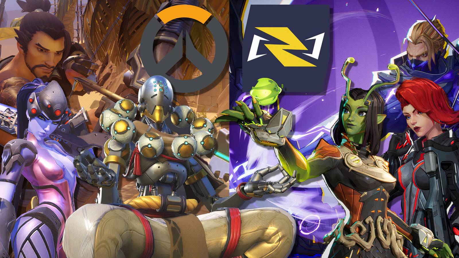 Split image of characters from Marvel Rivals and Overwatch
