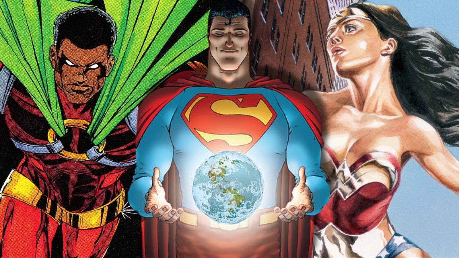 Split image of Icon, Superman, and Wonder Woman from DC comics