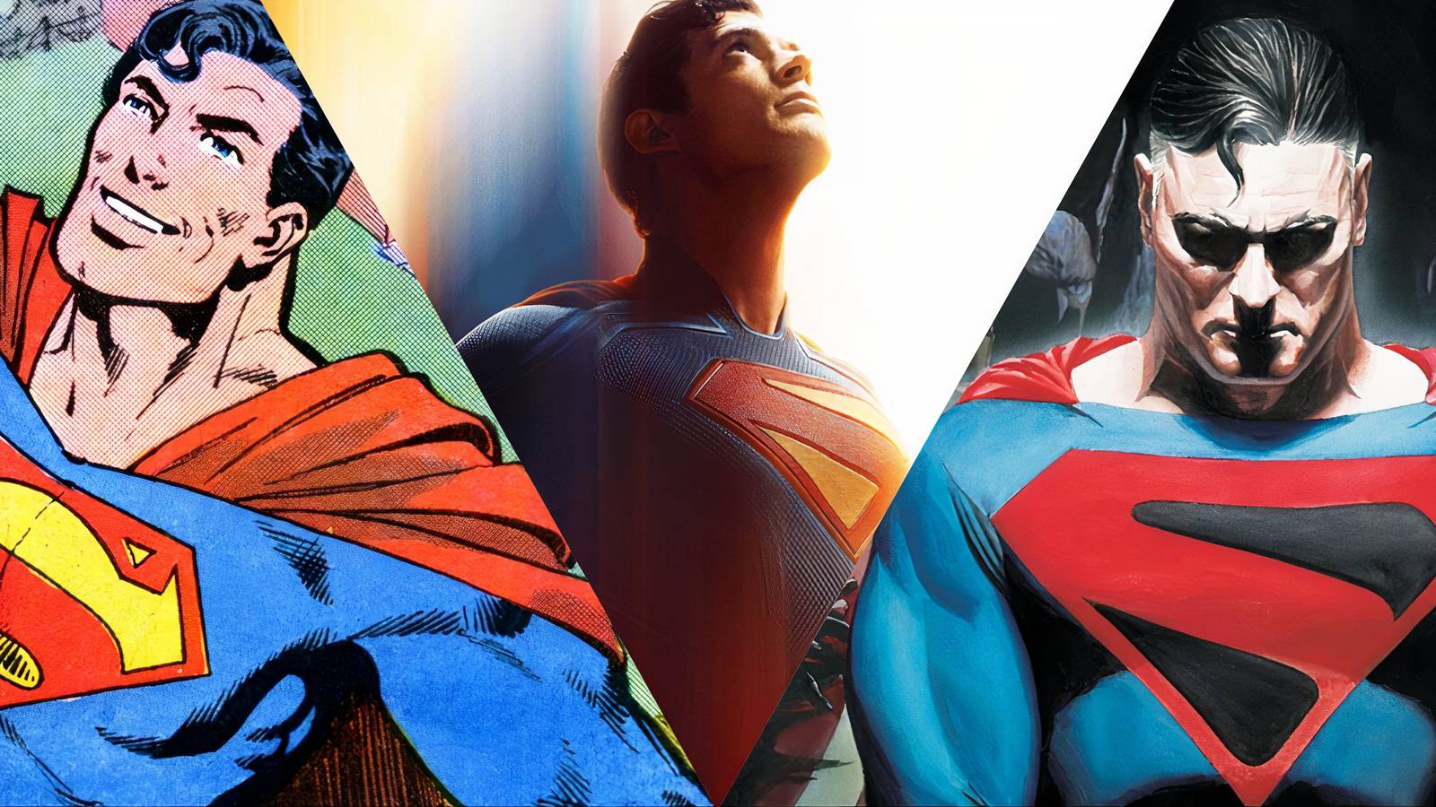 Split image of John Byrne's The Man Of Steel, James Gunn's Superman, and Kingdom Come