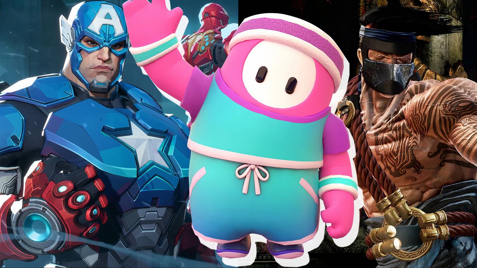 Split image of Marvel Rivals, Fall Guys, and Killer Instinct