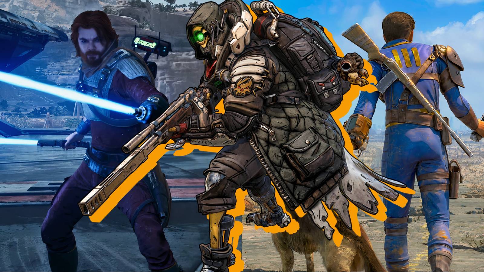 Split image of Star Wars Jedi Survivor, Borderlands 3, and Fallout 4