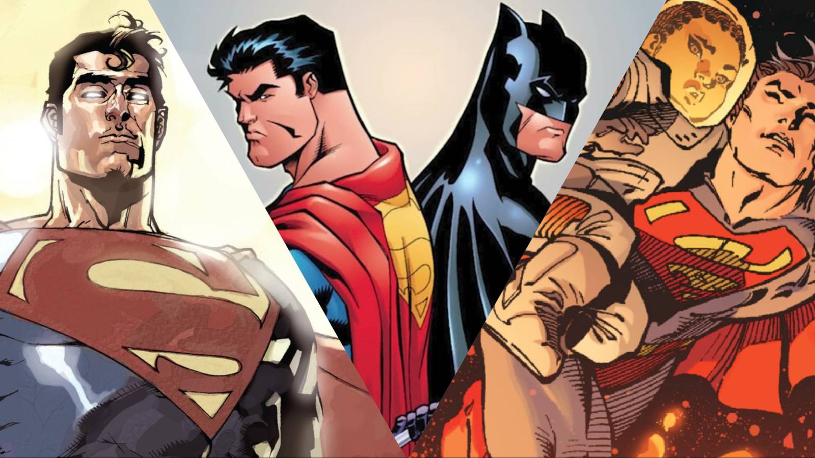 Split image of Superman Birthright, World's Finest, and Superman Up In The Sky
