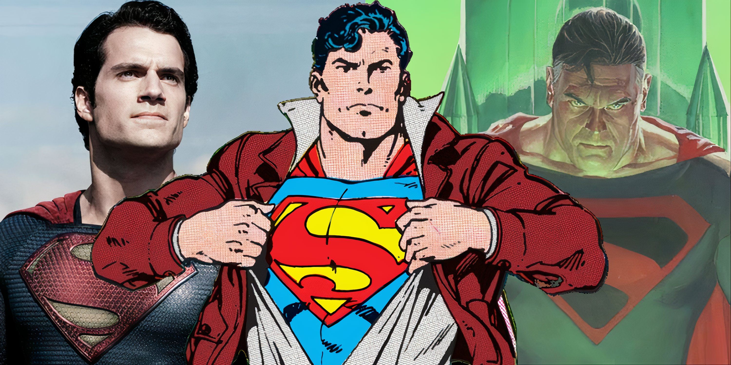 Split image of Superman in Man Of Steel, The Man Of Steel #1, and Kingdom Come