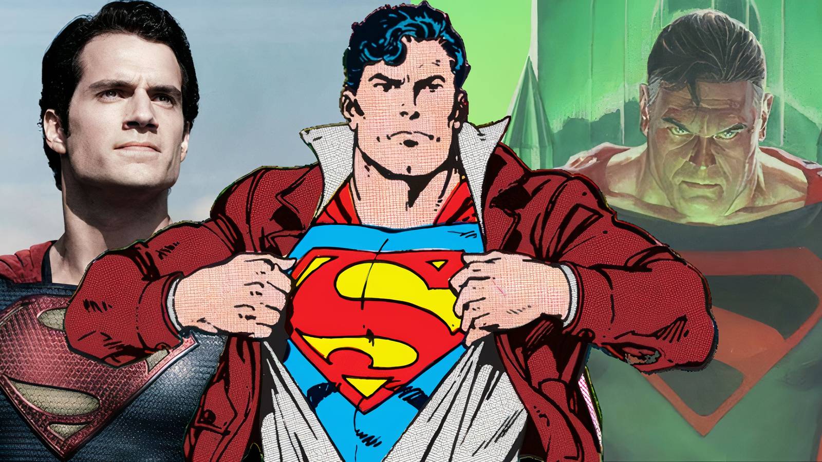 Split image of Superman in Man Of Steel, The Man Of Steel #1, and Kingdom Come