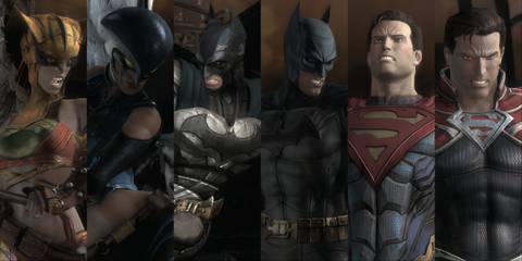 Split image of various costumes for characters in Injustice Gods Among Us