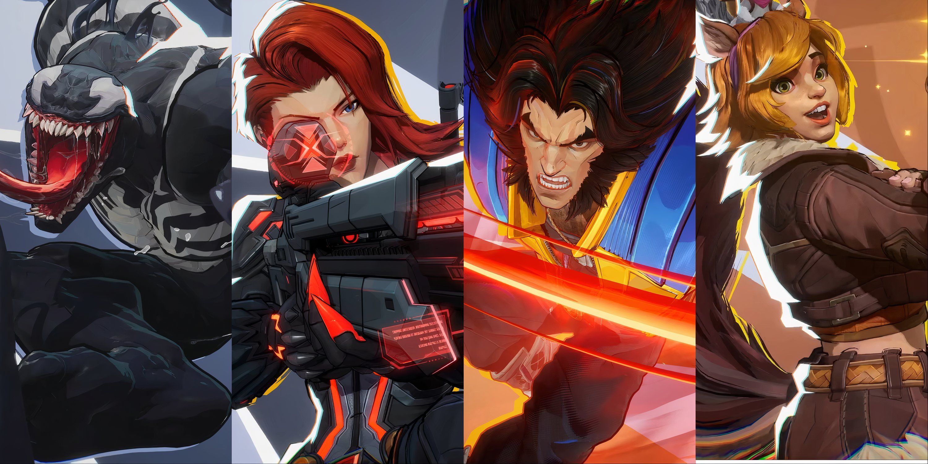 Split image of Venom, Black Widow, Wolverine, and Squirrel Girl in Marvel Rivals