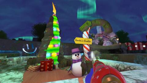 The player washing a candy cane in PowerWash Simulator's ice rink DLC.