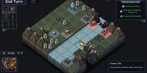 Into The Breach Grid combat on grassy mountain area