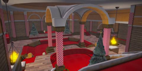 Inside Santa's Workshop with candy cane pillars and Christmas trees