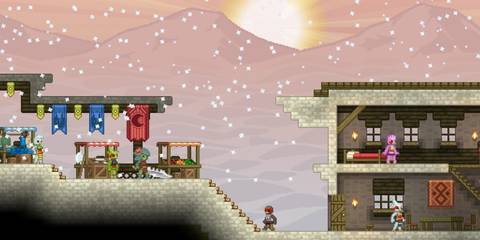 Starbound buildings in the snow