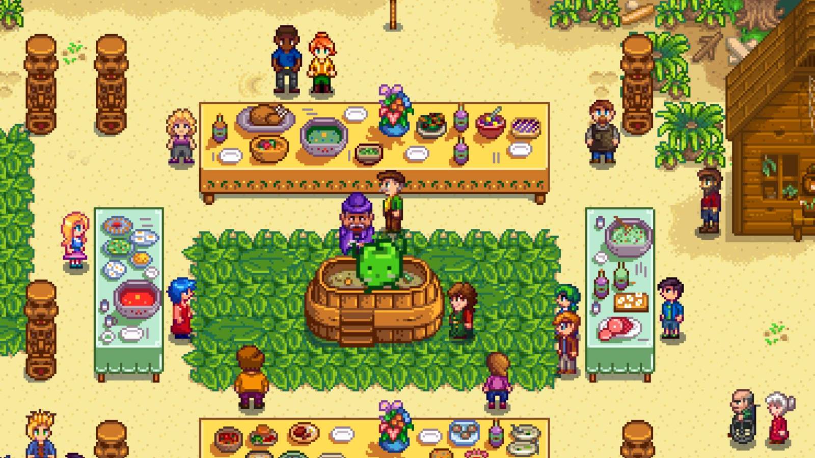 A Junimo dancing at the luau in Stardew Valley