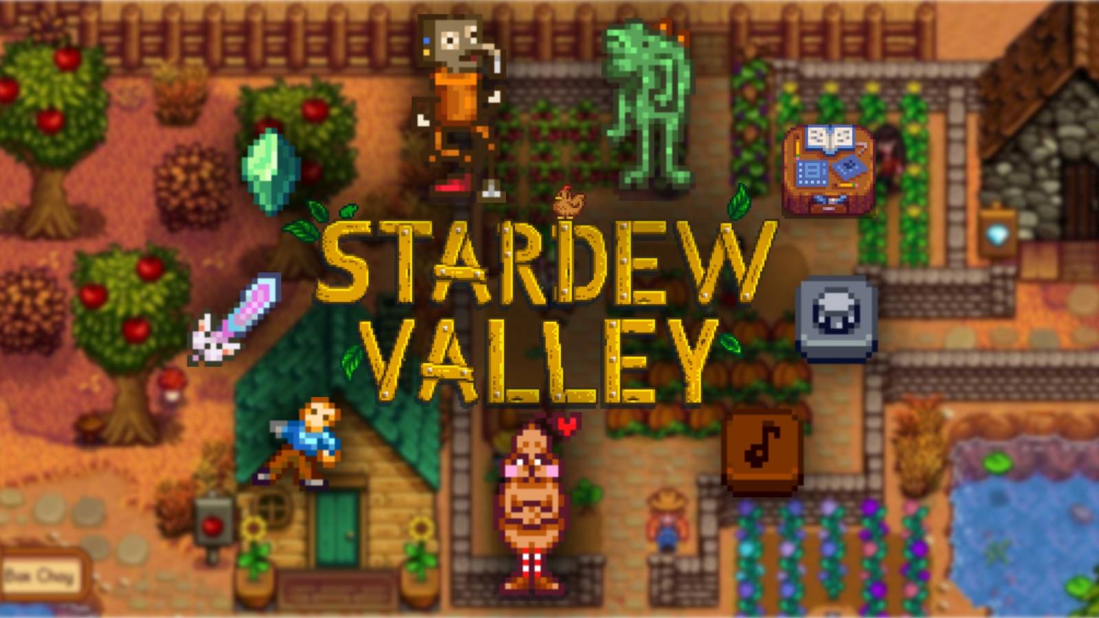stardew valley logo with several rare items around it