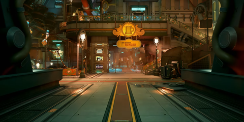 Steampunk-inspired industrial interior with glowing signs in The Outer Worlds 2