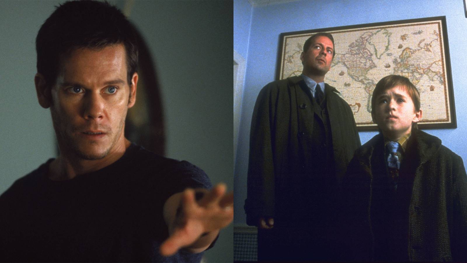 Split image of Kevin Bacon in Stir of Echoes and Bruce Willis and Haley Joel Osment in The Sixth Sense