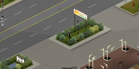 Sunstar Motel sign in Muldraugh, Project Zomboid, near a road surrounded by greenery-1