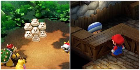 Split image of the Lamb's Lure being used and Mario purchasing the Mystery Egg in Super Mario RPG