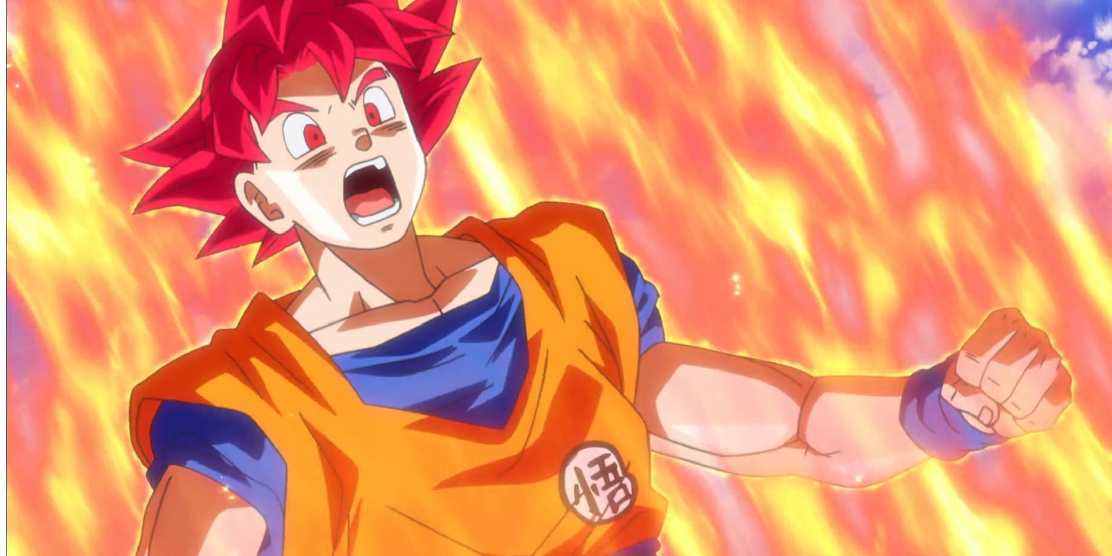 Goku in his Super Saiyan God form prepares to battle Beerus, the God of Destruction in Dragon Ball Z: Battle of Gods