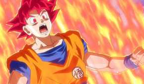 Goku in his Super Saiyan God form prepares to battle Beerus, the God of Destruction in Dragon Ball Z: Battle of Gods