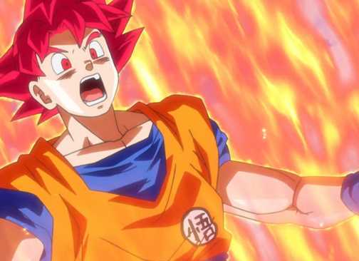 Goku in his Super Saiyan God form prepares to battle Beerus, the God of Destruction in Dragon Ball Z: Battle of Gods