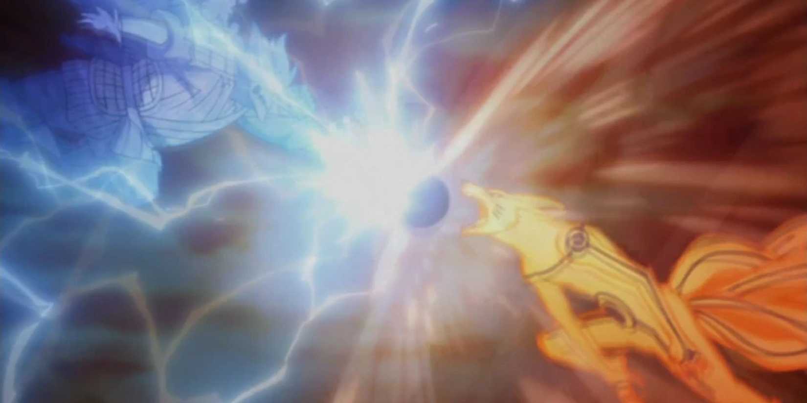 Susanoo (Sasuke) and Kurama (Naruto) collide their final attacks.