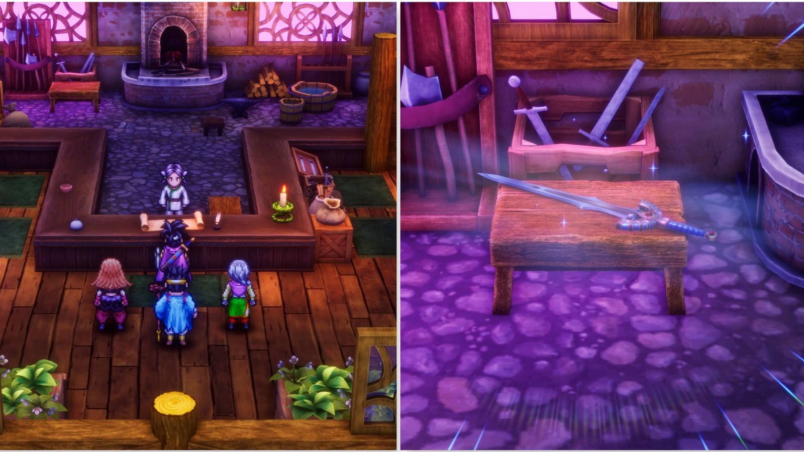 Talking to a vendor and a sword in Dragon Quest 3 HD-2D Remake