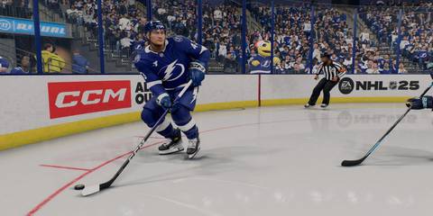 a tampa player skating with the puck