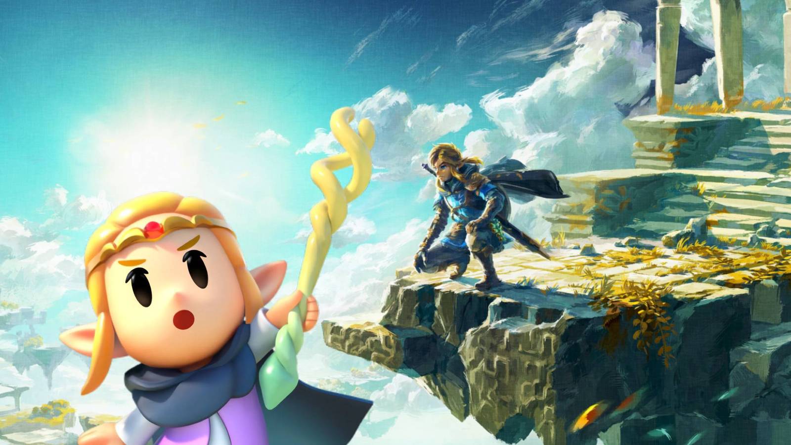 Link from The legend of Zelda: Tears of the Kingdom looking at Zelda from Echoes of Wisdom