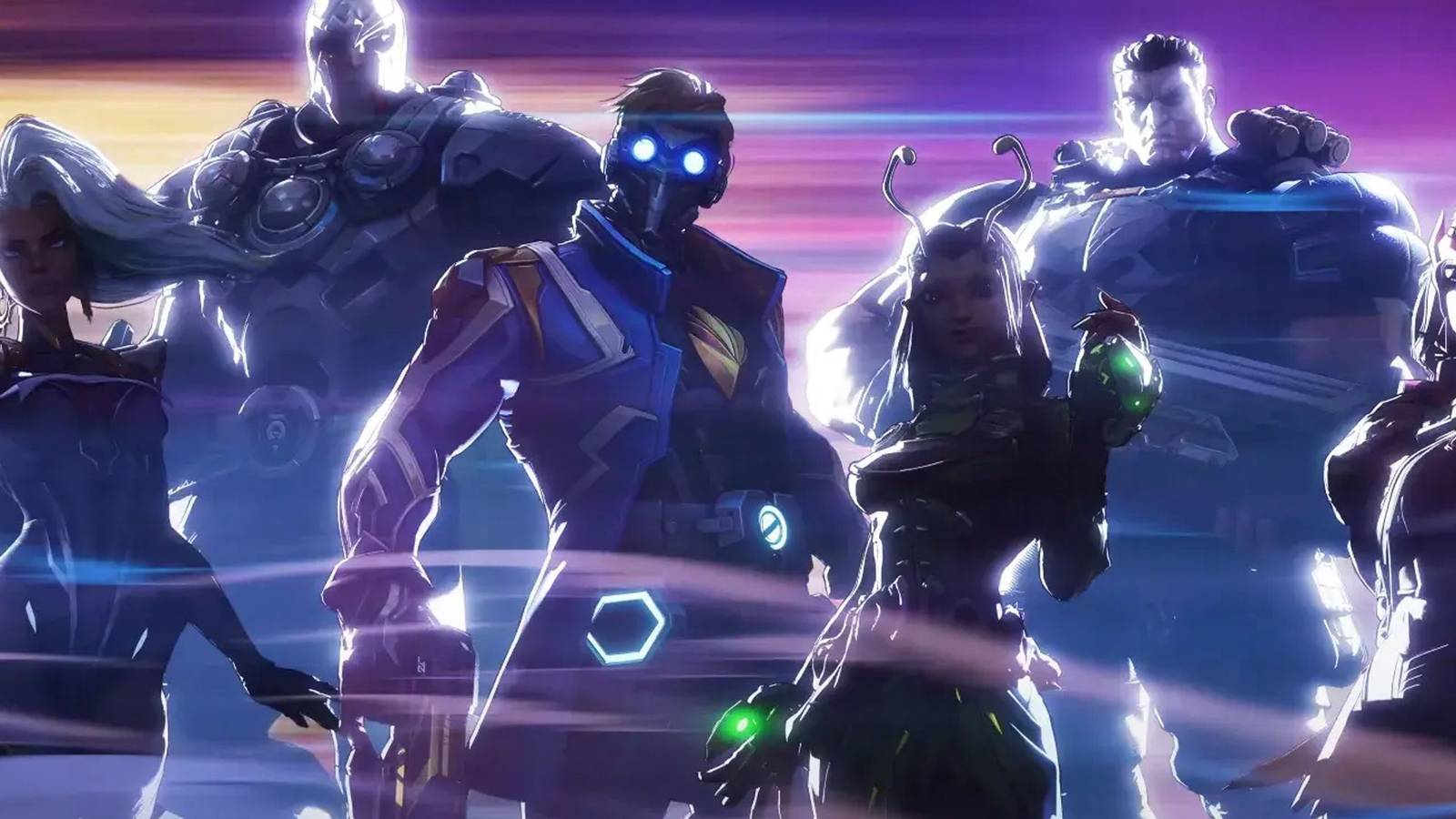 Screenshot from a Marvel Rivals cinematic trailer. Characters are depicted left to right: Storm, Magneto, Star Lord, Mantis, The Punisher, Scarlet Witch