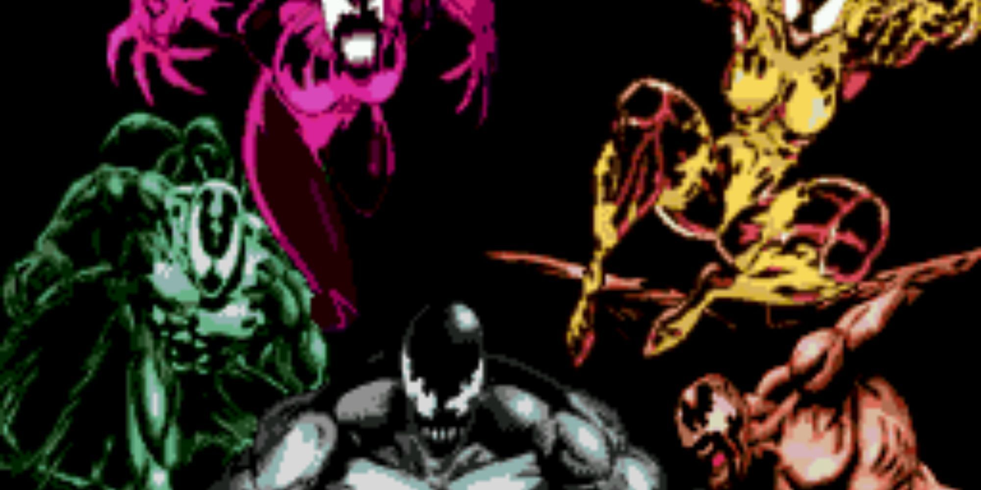 The game over screen, featuring many symbiote villains.